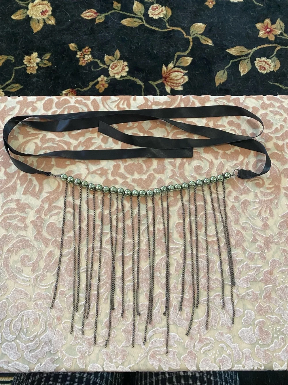 Vintage Y2K Black Ribbon w/ Silver Beaded Fringe Belt - Festival Whimsigoth Boho